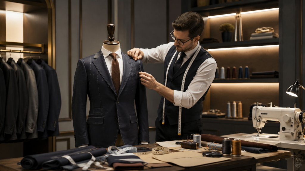 Atelier de croitorie și retușuri premium cu mașini profesionale, masă de croit și ajustarea unui sacou