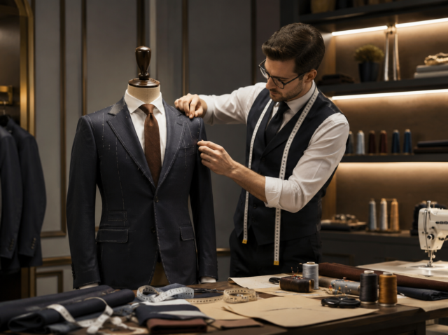 Atelier de croitorie și retușuri premium cu mașini profesionale, masă de croit și ajustarea unui sacou