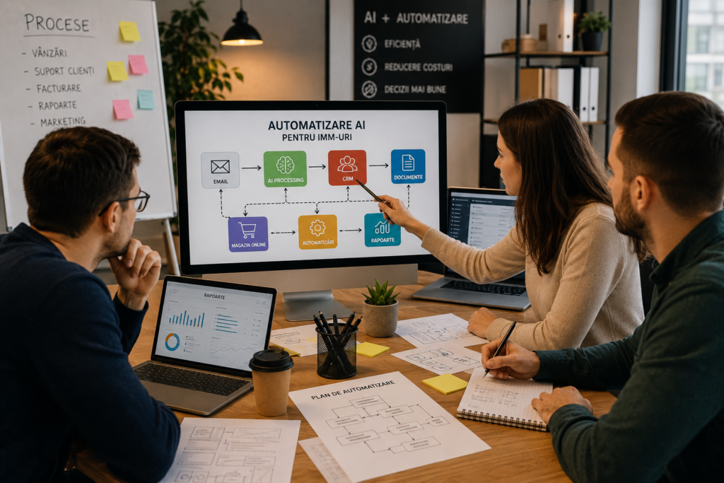 Automatizare AI pentru IMM-uri analizată de o echipă care conectează procesele unei firme