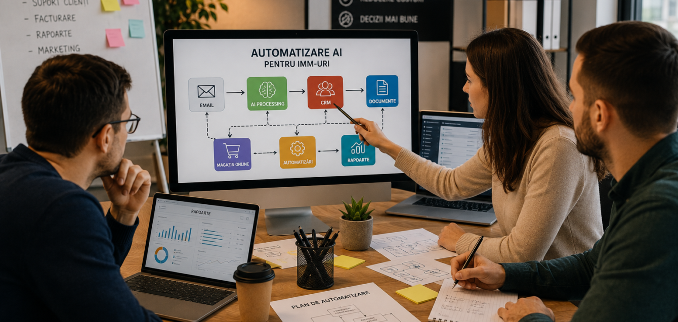 Automatizare AI pentru IMM-uri analizată de o echipă care conectează procesele unei firme