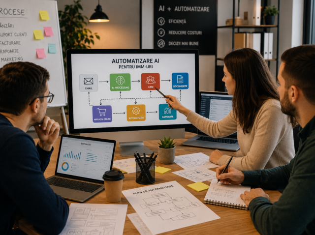 Automatizare AI pentru IMM-uri analizată de o echipă care conectează procesele unei firme