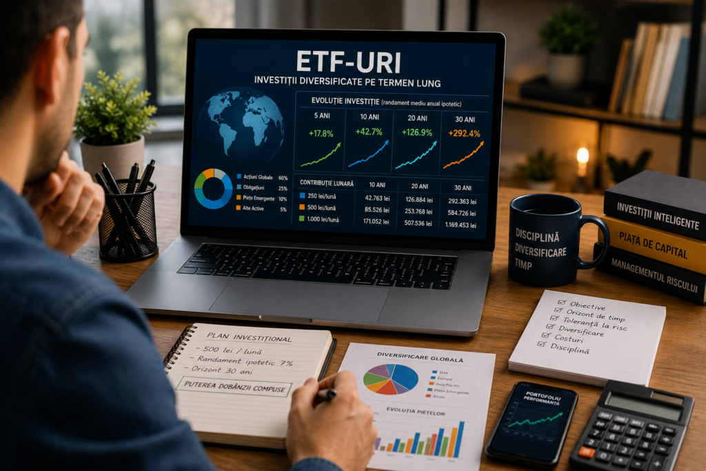 ETF-uri analizate de un investitor român pentru construirea unui portofoliu diversificat pe termen lung