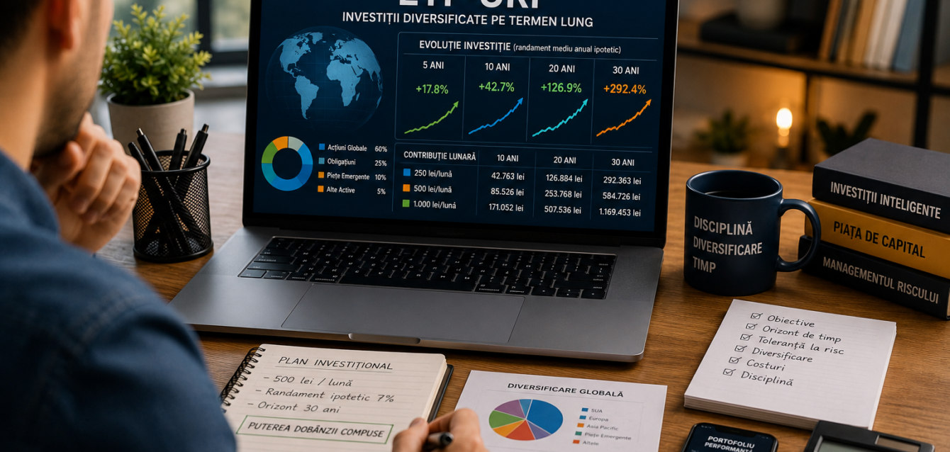 ETF-uri analizate de un investitor român pentru construirea unui portofoliu diversificat pe termen lung