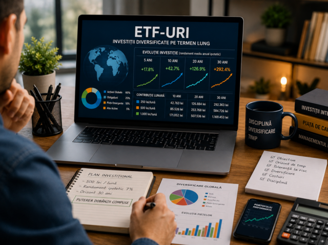 ETF-uri analizate de un investitor român pentru construirea unui portofoliu diversificat pe termen lung