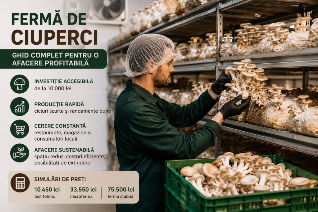 Fermă de ciuperci Pleurotus amenajată cu rafturi, umidificare și producție controlată