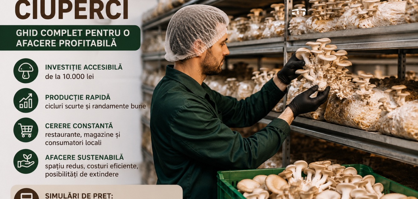 Fermă de ciuperci Pleurotus amenajată cu rafturi, umidificare și producție controlată