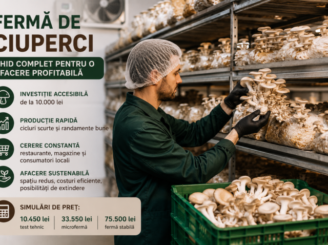 Fermă de ciuperci Pleurotus amenajată cu rafturi, umidificare și producție controlată