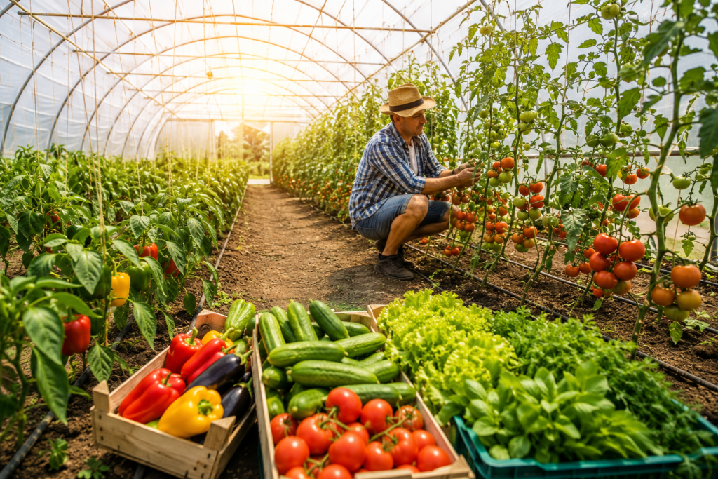 Fermă de legume în solar cu tomate, ardei și castraveți cultivate prin irigare prin picurare