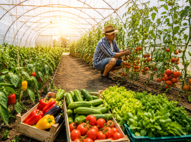 Fermă de legume în solar cu tomate, ardei și castraveți cultivate prin irigare prin picurare