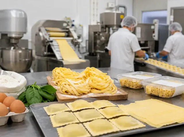 Producție de paste proaspete într-un atelier modern cu malaxor, laminor, ravioli și ambalare frigorifică